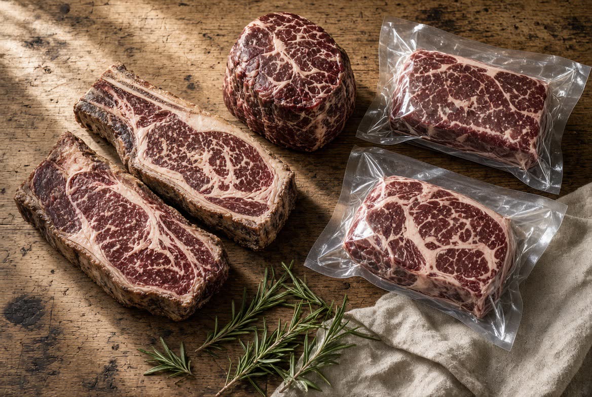 Dry-aged grass-fed steaks and vacuum-sealed packs