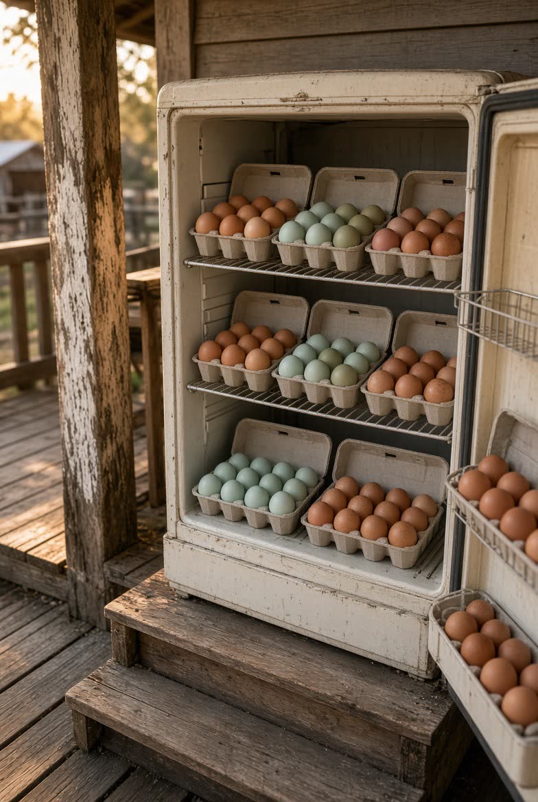 Self-serve farm fridge stocked with brown and blue-green heritage eggs